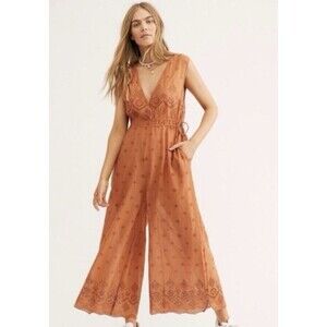 Intimately Free People Orange Sun's Out Eyelet Semi Sheer Boho Jumpsuit‎ Medium